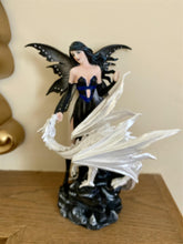 Load image into Gallery viewer, Resin Fairy with Dragon Statue | Enigmatic Gothic Fantasy Sculpture  Black and White Winged Fairy Art | Collector&#39;s Dragon Figurine
