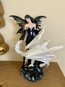 Resin Fairy with Dragon Statue | Enigmatic Gothic Fantasy Sculpture  Black and White Winged Fairy Art | Collector&#39;s Dragon Figurine