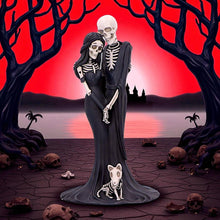 Load image into Gallery viewer, Gothic Skeleton Embrace Figurine Couple &amp; Dog Everlasting Macabre Fantasy Art
