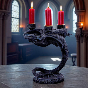 Gothic Dragon Candle Holder Triple Candelabra Fantasy Medieval Sculpture Decor