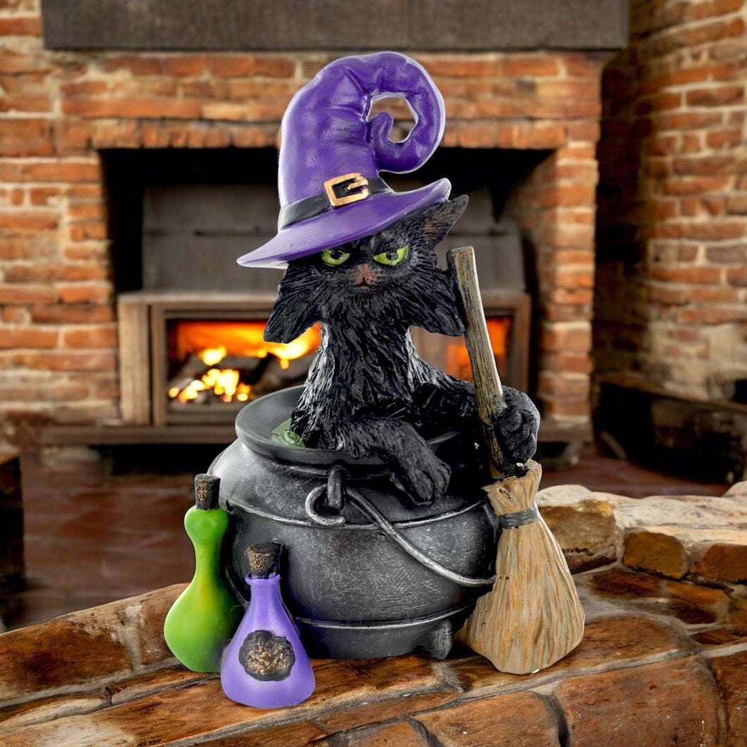 Black Cat in Witch Hat Cauldron Figurine | 16 cm Halloween Resin Decor