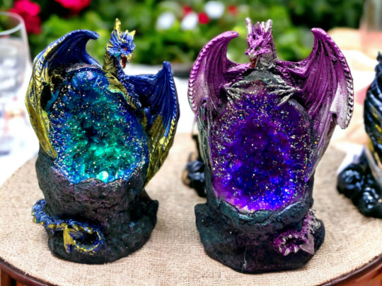 Enchanting Pair of LED Dragon Figurines - Illuminated Resin Twin Dragons with Glitter Crystals, Fantasy Home Decor, 11cm Magical Duo