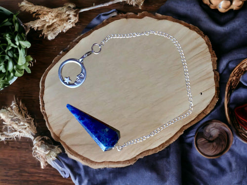 Lapis Lazuli Pendulum with Moon Charm – Guiding Celestial Chain, Intuitive Divination Pendulum, Spiritual Enlightenment, Dowsing Tool-OsirisTradingUK