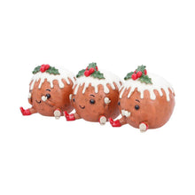 Laden Sie das Bild in den Galerie-Viewer, Christmas Pudding Figurine Set 3 See Hear Speak No Evil Cute Festive Shelf Decor
