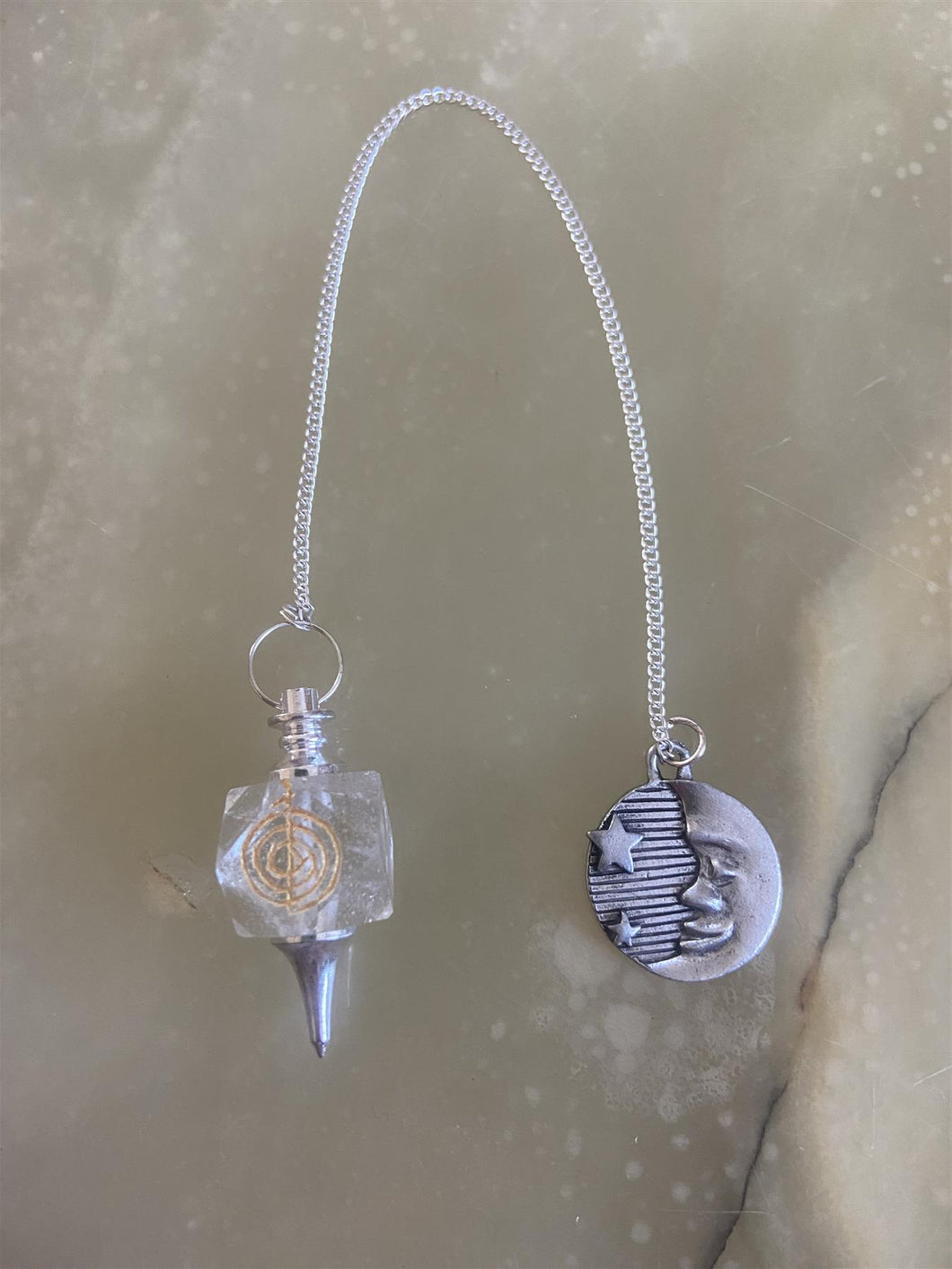 Quartz Crystal Reiki Pendulum with Cho Ku Rei & Lunar Star Moon Charm Spiritual Tool
