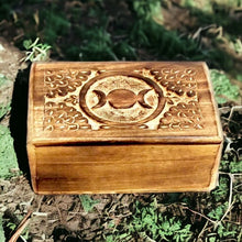 Load image into Gallery viewer, Artisan-Crafted Triple Moon Wooden Box | Mystical Carving and Storage | Handmade Organizer | Spiritual Home Decor-OsirisTradingUK
