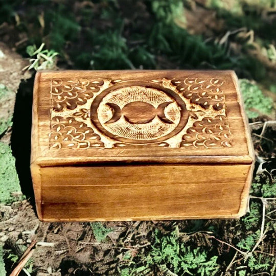 Artisan-Crafted Triple Moon Wooden Box | Mystical Carving and Storage | Handmade Organizer | Spiritual Home Decor-OsirisTradingUK