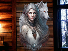 Load image into Gallery viewer, Winterwolf Sovereign Metal Wall Sign - Ethereal Ice Queen &amp; Wolf Companion Art, Silver Northern Mythology Home Decor-OsirisTradingUK
