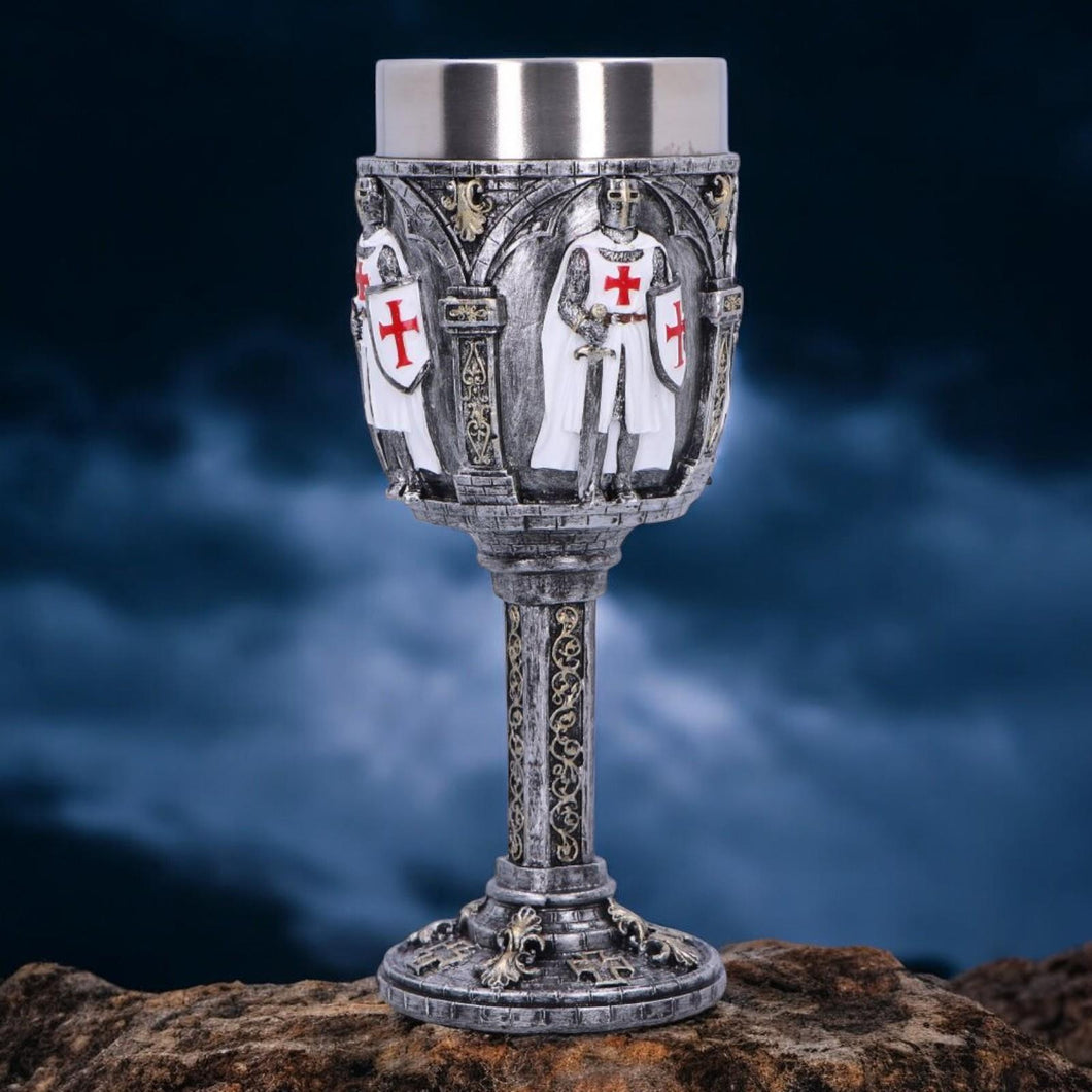 Valiant Knight Chalice - Medieval Resin Goblet with Stainless Steel Insert, Templar Cross Decor