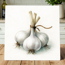 Laden Sie das Bild in den Galerie-Viewer, Rustic Garlic Ceramic Tile Culinary Herb Illustration Kitchen Art Display Piece
