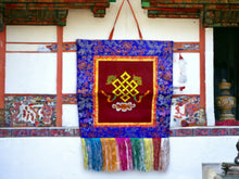 Load image into Gallery viewer, Tibetan Endless Knot Wall Hanging, Handcrafted Brocade Silk &amp; Cotton Banner, Authentic Meditation Decor, Spiritual Symbol, 17x41cm-OsirisTradingUK
