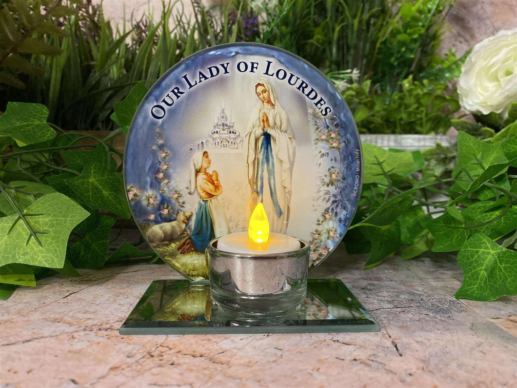 Beautiful Glass Votive Light Holder with Our Lady of Lourdes Catholic Gift-OsirisTradingUK