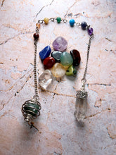 Charger l&#39;image dans la galerie, 28cm Clear Quartz Pendulum/Pendant on Chakra Chain with Interchangeable Stone Cage with 10 Healing Crystals-OsirisTradingUK
