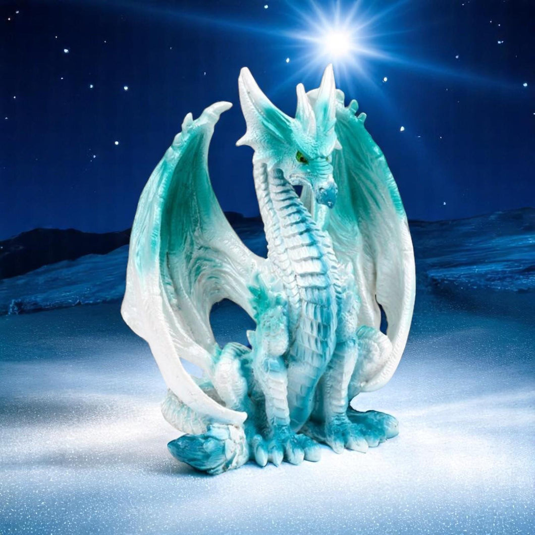 Ice Dragon Figurine 17cm | Frost Fantasy Resin Statue | Blue White Dragon Home Decor Gift
