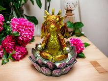 Laden Sie das Bild in den Galerie-Viewer, Golden Dragon Lotus Throne Figurine - Mystical Resin Dragon Statue for Home Decor and Enchantment, 10cm-OsirisTradingUK
