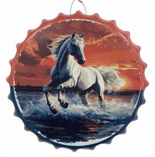 Load image into Gallery viewer, Horse at Sunset Metal Wall Plaque – Galloping Stallion Ocean Scene Bottle Cap Art 40cm
