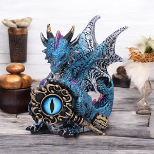 Blue Dragon Figurine with Gothic Eye Key – Fantasy Resin Statue Ornament 12cm