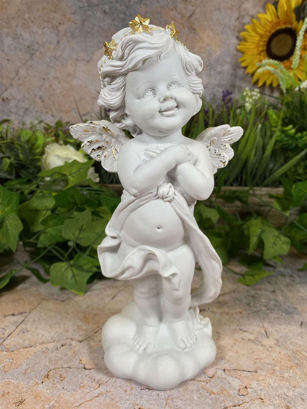 Enchanting Cherub Angel Statue with Gilded Accents - Elegantly Crafted Resin Cherub - Heavenly Nursery Decor - Boxed for Gifting"