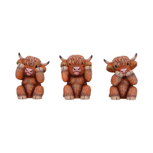 Highland Cow Three Wise Statues Cute Farm Animal Figurines Scottish Gift Home