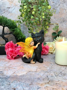 Adorable Fairy with Black Cat Companion Sculpture Figurine Fantasy Fairies Statue-OsirisTradingUK