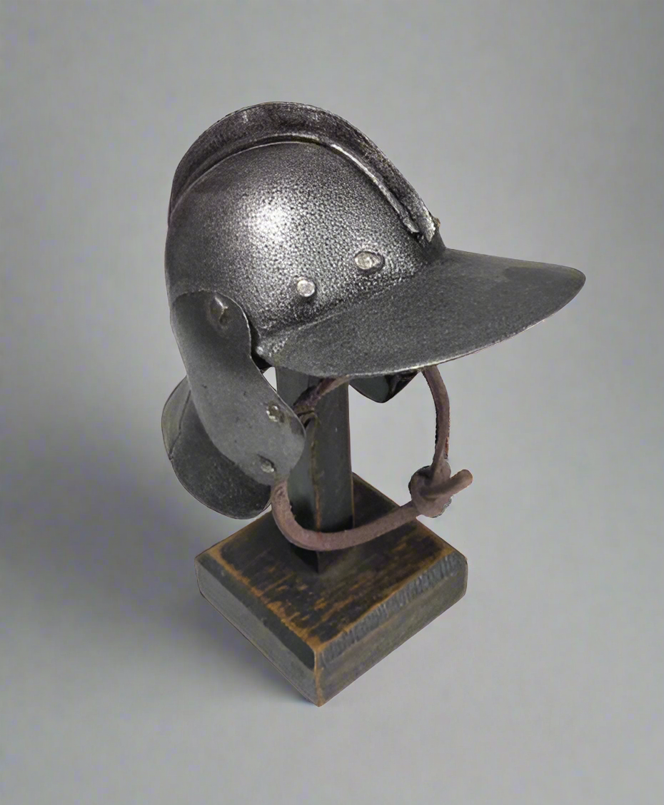 Miniature Knight Helmet on Wooden Stand | Metal Armor Decor 11 cm