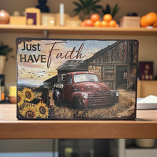 Charger l&#39;image dans la galerie, Rustic Farmhouse Metal Sign Sunflowers Red Truck Just Have Faith Wall Plaque
