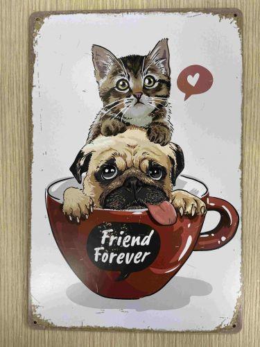 Vintage Style Metal Sign: Cat and Dog in a Cup - Friends Forever Wall Decor Ideal House Warming Gift for a Pet Owner-OsirisTradingUK