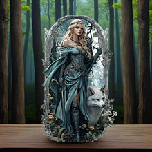 Load image into Gallery viewer, Elegant Sword Maiden with Wolf Metal Wall Art – Fantasy Gothic Style Panel – 48cm Home D
