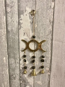Triple Moon Goddess Wind Chime - Mystic Brass Harmony Bells, Black Bead Accents, Pagan Altar Decor, Spiritual Gift, 26cm-OsirisTradingUK