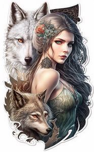 Mystical Wolf and Maiden Metal Wall Sign - Enchanting Forest-Themed Art, Perfect for Home Decor and Fantasy Enthusiasts-OsirisTradingUK