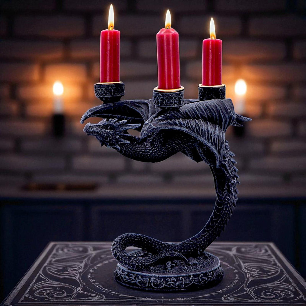 Gothic Dragon Candle Holder Triple Candelabra Fantasy Medieval Sculpture Decor