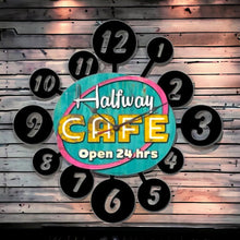 Load image into Gallery viewer, Retro &#39;Halfway Café&#39; Metal Wall Clock - Vintage Style Diner Decor, Large 60x60 cm, Battery-Powered, Perfect for Kitchen or Coffee Shop&quot;-OsirisTradingUK
