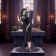 Load image into Gallery viewer, Gothic Skeleton Embrace Figurine Couple &amp; Dog Everlasting Macabre Fantasy Art
