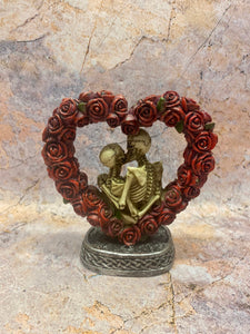 Eternal Love Skeleton Couple in Heart Rose Wreath, Gothic Romantic Figurine, Undying Affection Resin Statue, Love Beyond Life Ornament-OsirisTradingUK