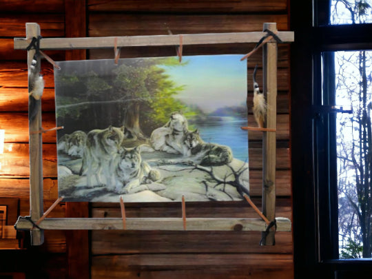 Pack of Tranquillity Handmade Canvas Wall Art - Serene Wolf Family in Natural Habitat, Wolves Wall Art, Embellished with Feathers and Beads-OsirisTradingUK