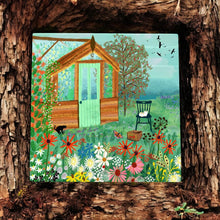 Load image into Gallery viewer, The Greenhouse Ceramic Wall Tile 20x20cm by Angela Holland – Unique Art Decor, Cottage Garden Scene, Handmade, Decorative Plaque, Ready to Hang
