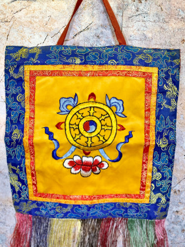 Tibetan Dharma Wheel Wall Banner, Authentic Brocade Silk & Cotton Hanging, Spiritual Meditation Decor, Dharmachakra Symbol, 27x41cm-OsirisTradingUK