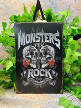 Load image into Gallery viewer, Monsters of Rock Metal Sign | Dual Skull &amp; Guitar Imagery | Vintage Concert Decor | Edgy Rock-n-Roll Wall Art | 20x30cm-OsirisTradingUK

