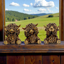 Load image into Gallery viewer, Three Wise Highland Cow Figurines Gold Farm Animal See Hear Speak Set

