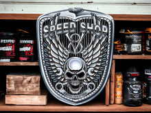 Load image into Gallery viewer, Biker&#39;s Emblem Metal Wall Sign - Speed Shop Skull &amp; Wings, Motorcycle Garage Decor Plaque-OsirisTradingUK
