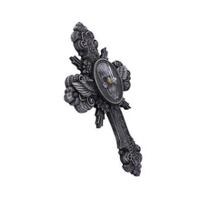 Load image into Gallery viewer, Horas Gothic Wall Clock Skull Cross Wings Silver Dark Fantasy Halloween Decor
