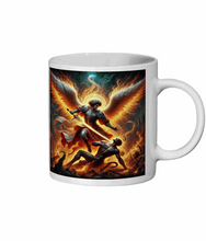 Load image into Gallery viewer, Archangel Michael Defeats Evil - 11 oz Ceramic Mug | Heavenly Protection | Divine Warrior Gift | Inspirational Coffee Mug
