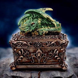 Dragon Jewellery Storage Box - Decorative Green Resin Fantasy Trinket Holder