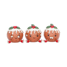 Laden Sie das Bild in den Galerie-Viewer, Christmas Pudding Figurine Set 3 See Hear Speak No Evil Cute Festive Shelf Decor
