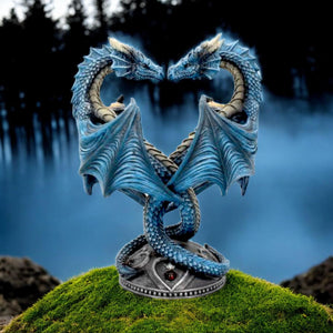 Anne Stokes Dragon Heart Statue - Resin Fantasy Decor, Blue Twin Dragons in Heart Shape