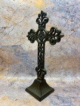 Load image into Gallery viewer, Vintage Cast Iron Cross Stand, 28cm – Ornate Religious Home Decor Accent with Antique Charm
