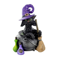 Load image into Gallery viewer, Black Cat in Witch Hat Cauldron Figurine | 16 cm Halloween Resin Decor

