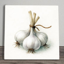 Laden Sie das Bild in den Galerie-Viewer, Rustic Garlic Ceramic Tile Culinary Herb Illustration Kitchen Art Display Piece
