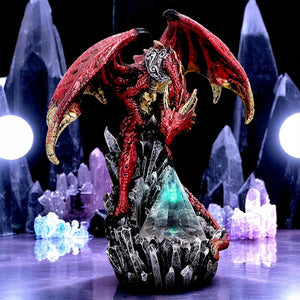 Mythical Red Dragon Figurine with Led Light Prism Crystal Gothic Guardian Statue