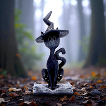 Load image into Gallery viewer, Mystical Gothic Black Cat Figurine on Open Spell Book Wiccan Altar Decor
